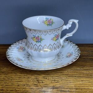 Rosina‎ Fine Bone China Teacup & Saucer Set Floral Gold White England